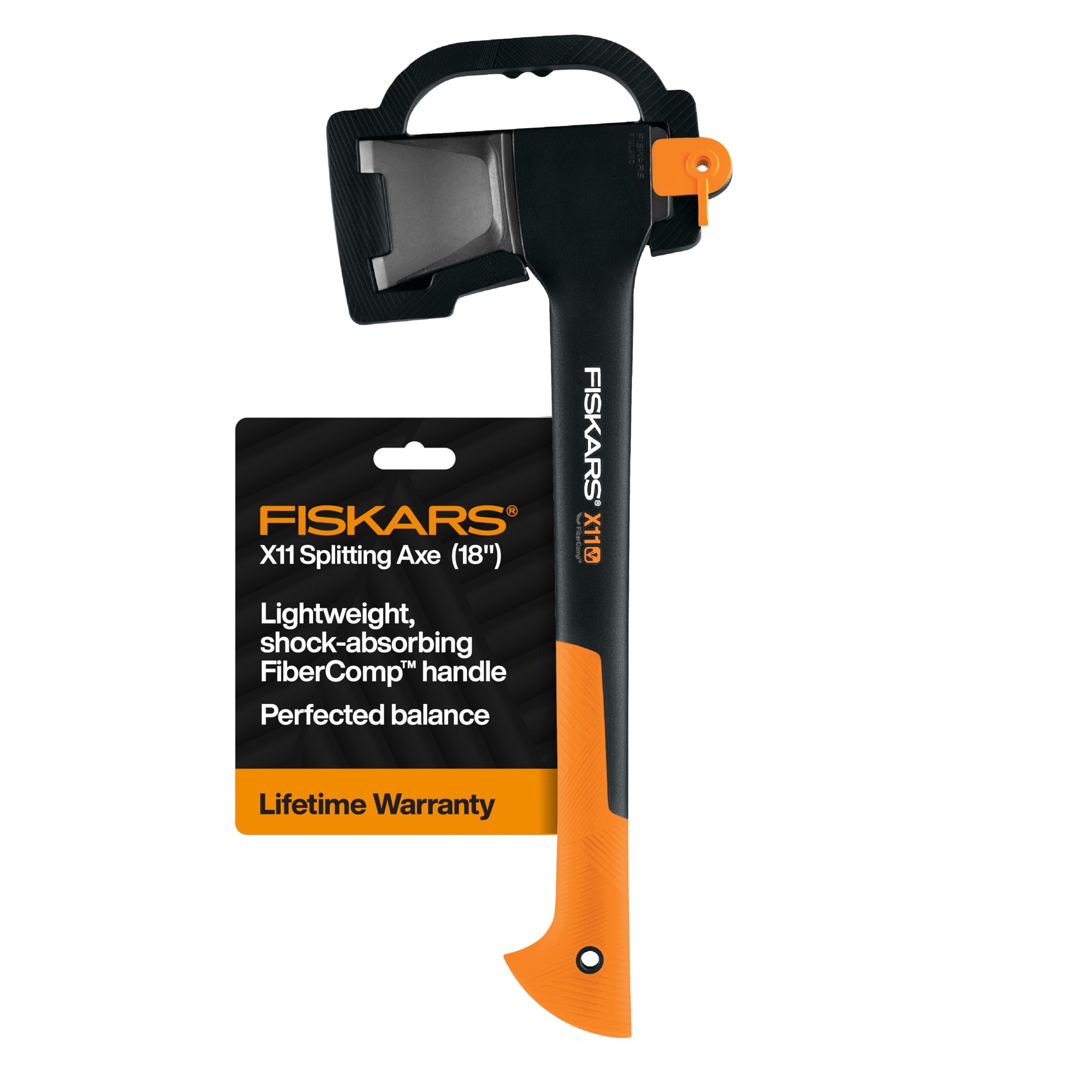 Fiskars X11 17-inch axe blade close-up showing wedge design for efficient one-swing splits