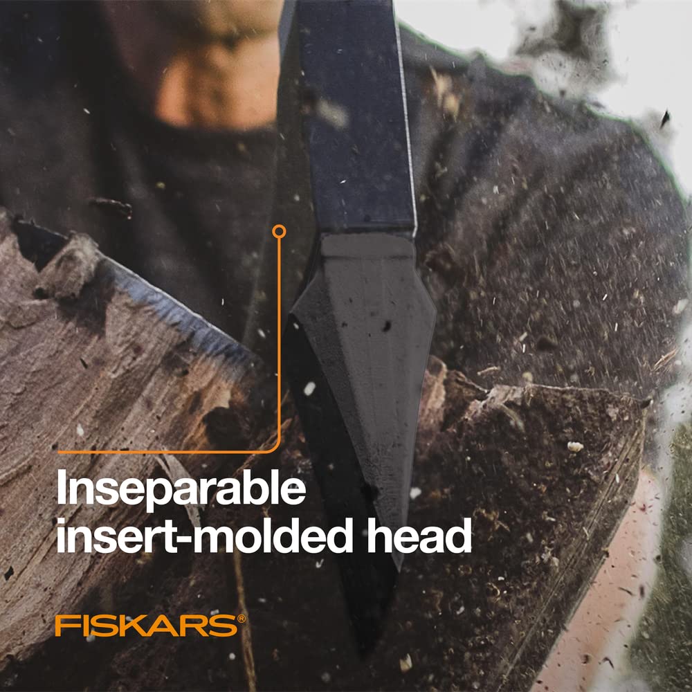 Fiskars X11 wedge-geometry blade illustration emphasizing fewer swings through tough timber