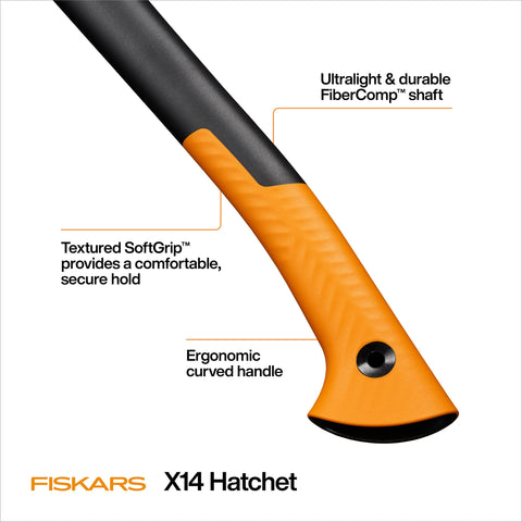Fiskars X14 FiberComp handle absorbs shock for comfortable use