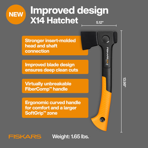 Fiskars X14 forged steel blade with sharp edge for resinous wood
