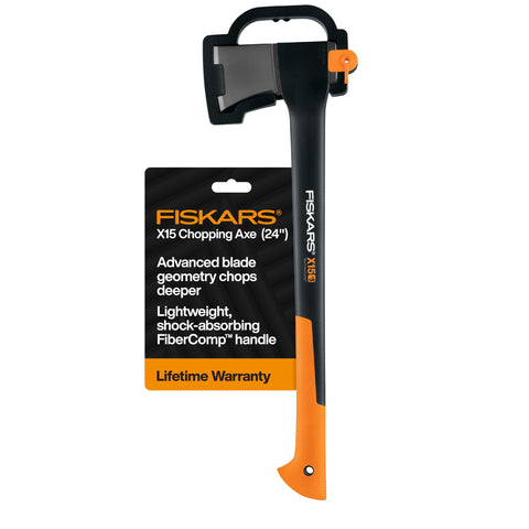 Fiskars X15 blade closeup showing sharp edge for efficient wood cutting.