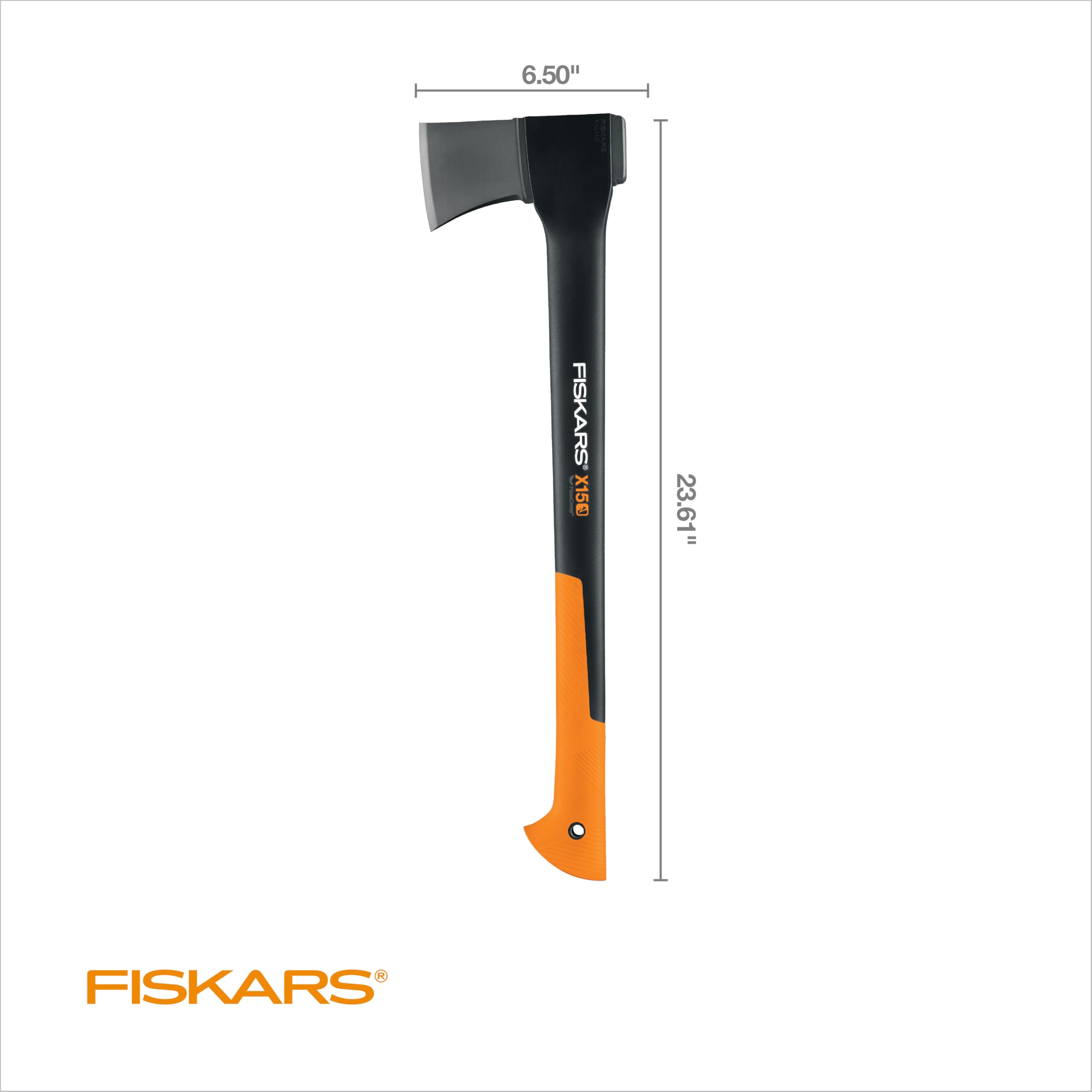 Fiskars X15 chopping action on a log delivering clean splits.