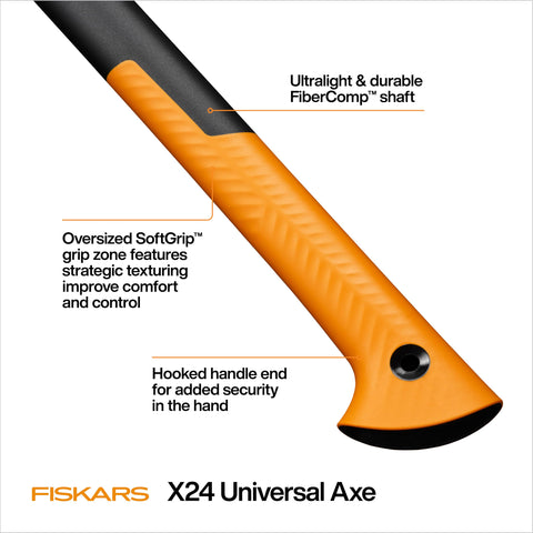 Fiskars X24 fibercomp-handle absorbs shock for comfortable swings