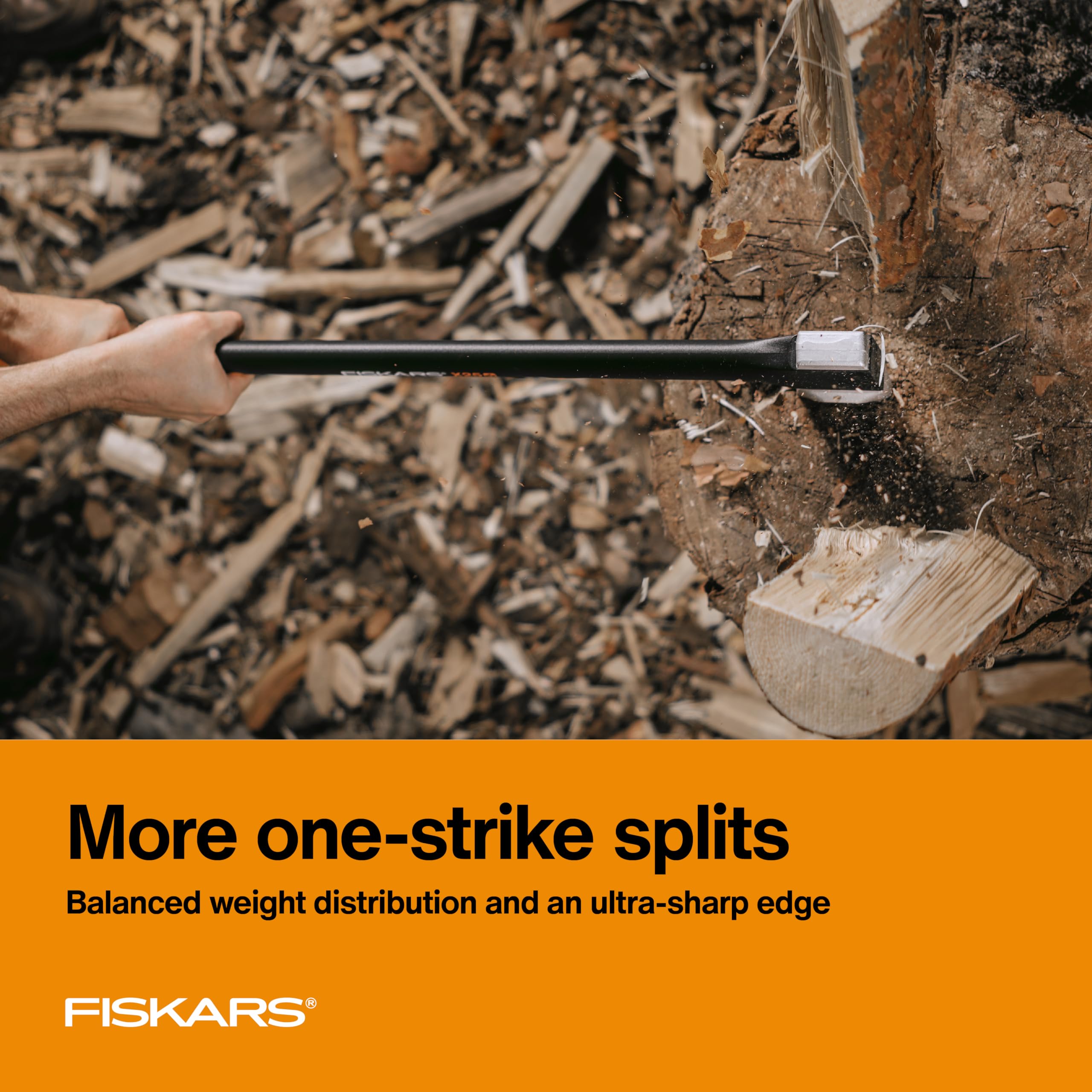 Fiskars X25 shock-absorbing FiberComp handle reduces fatigue.