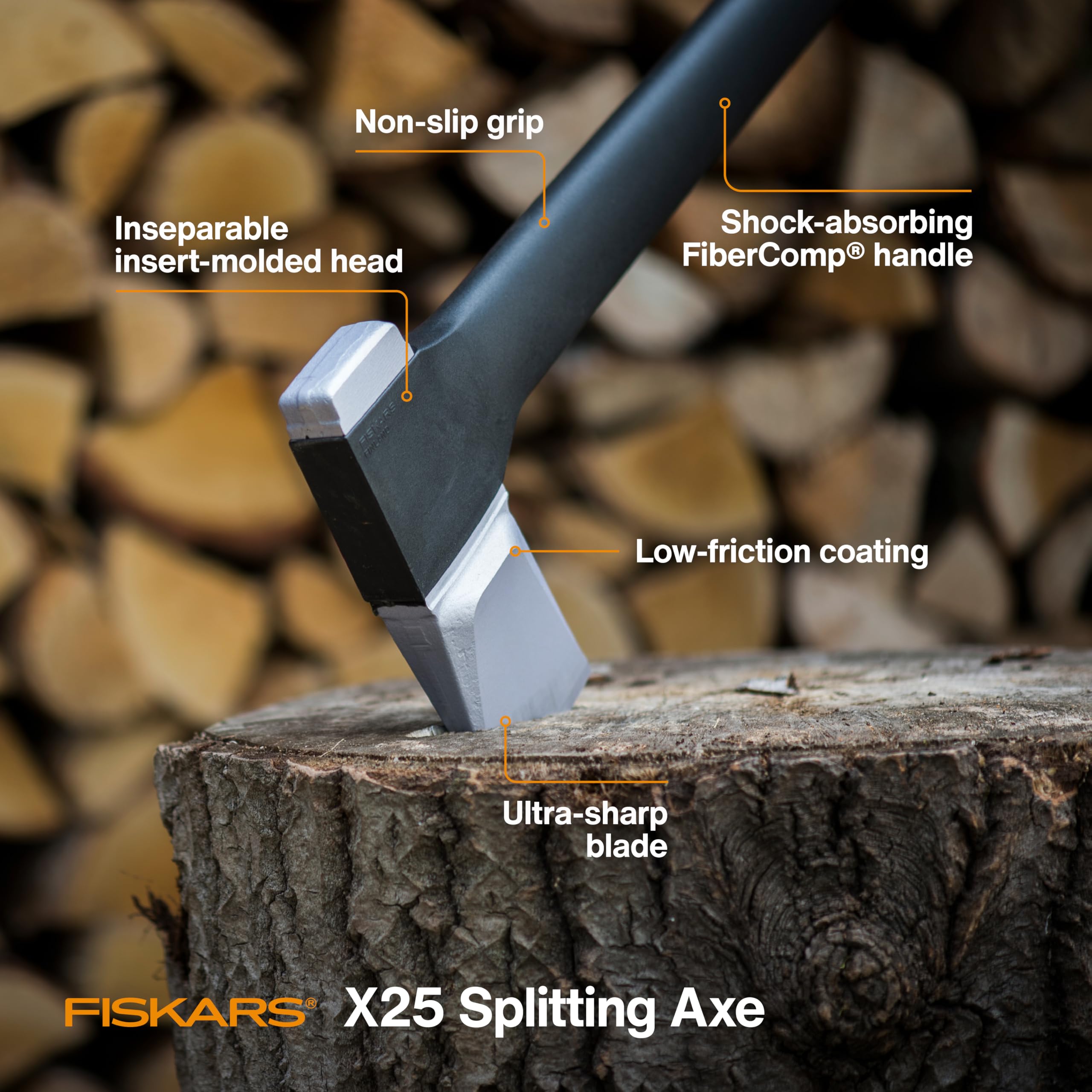 Fiskars X25 balanced design enhances swing speed and control.