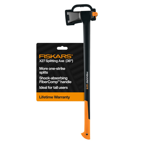 Fiskars X27 Super Splitting Axe with 36-inch handle close-up showing power for efficient wood splitting.