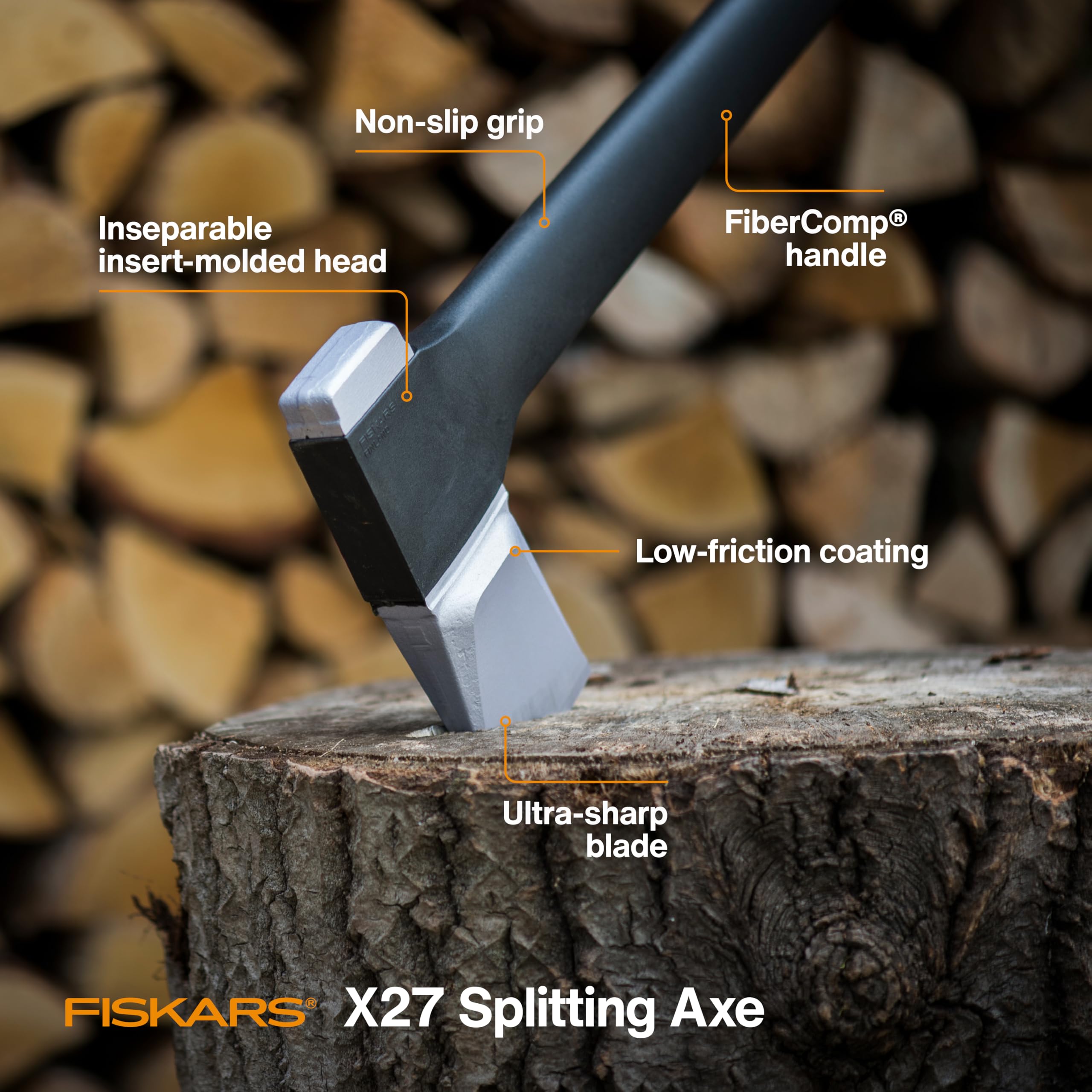 Fiskars X27 in action with a large log shows enhanced leverage for easier splits.