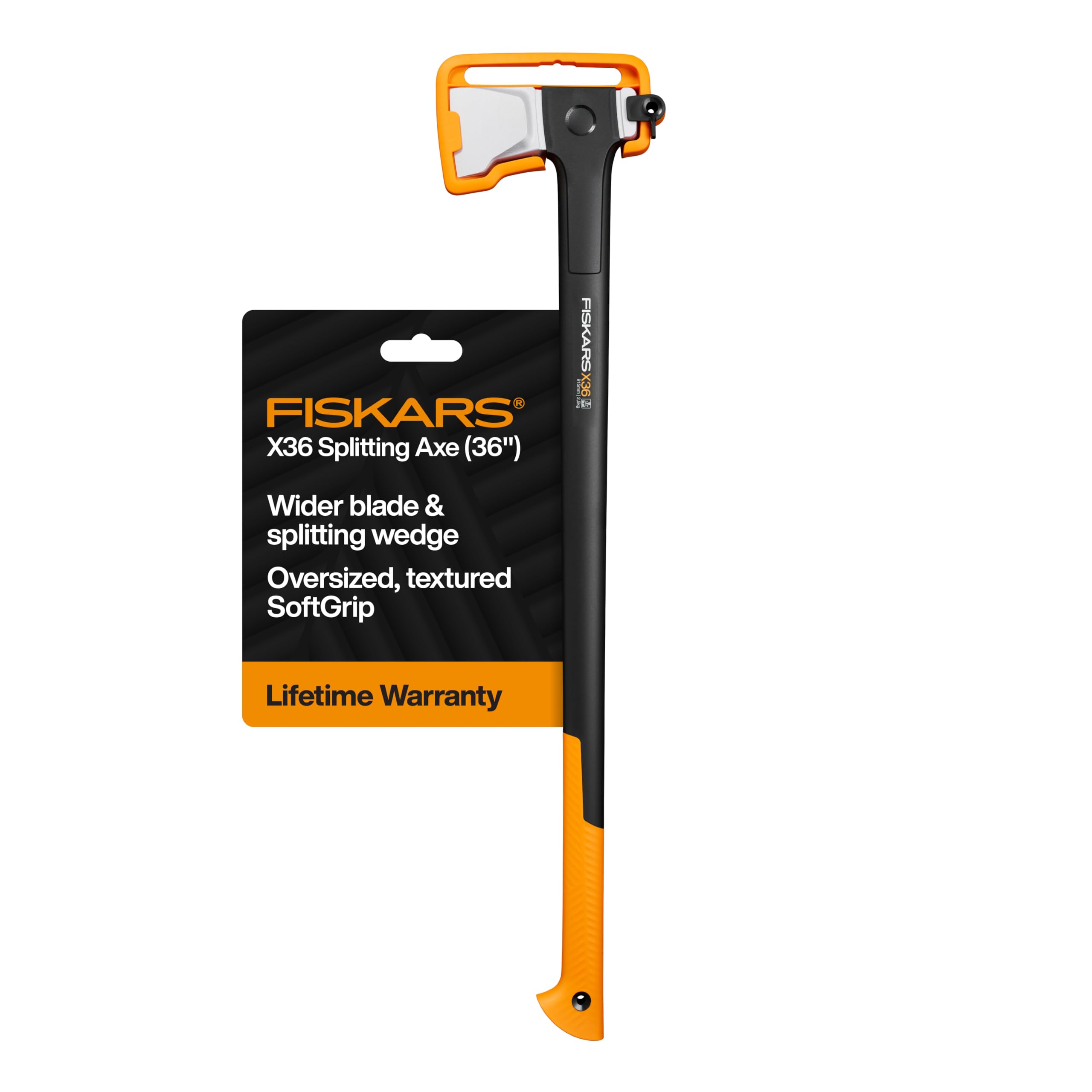 Fiskars X36 Super Splitting Axe blade for powerful one-strike splits on large logs.