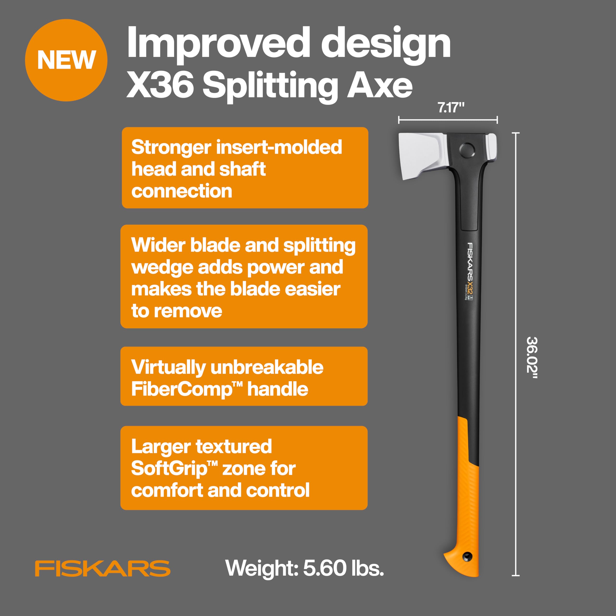 Fiskars X36 Super Splitting Axe wedge geometry facilitates easier wood dispersion.