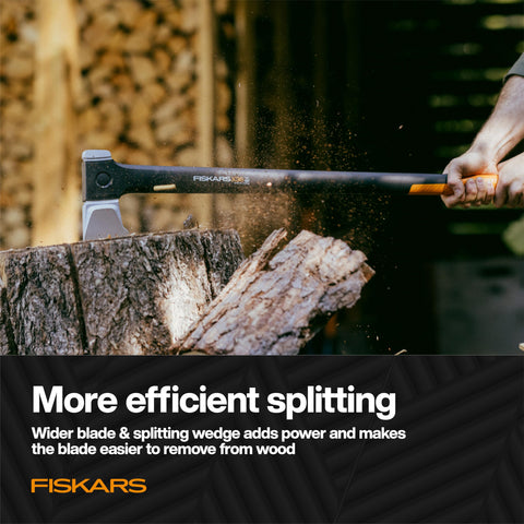 Fiskars X36 Super Splitting Axe low-friction coating prevents sticking for smoother removal.
