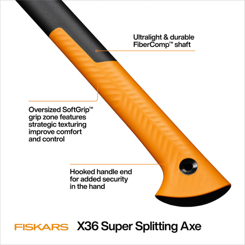 Fiskars X36 Super Splitting Axe SoftGrip handle provides secure, non-slip control during each swing.