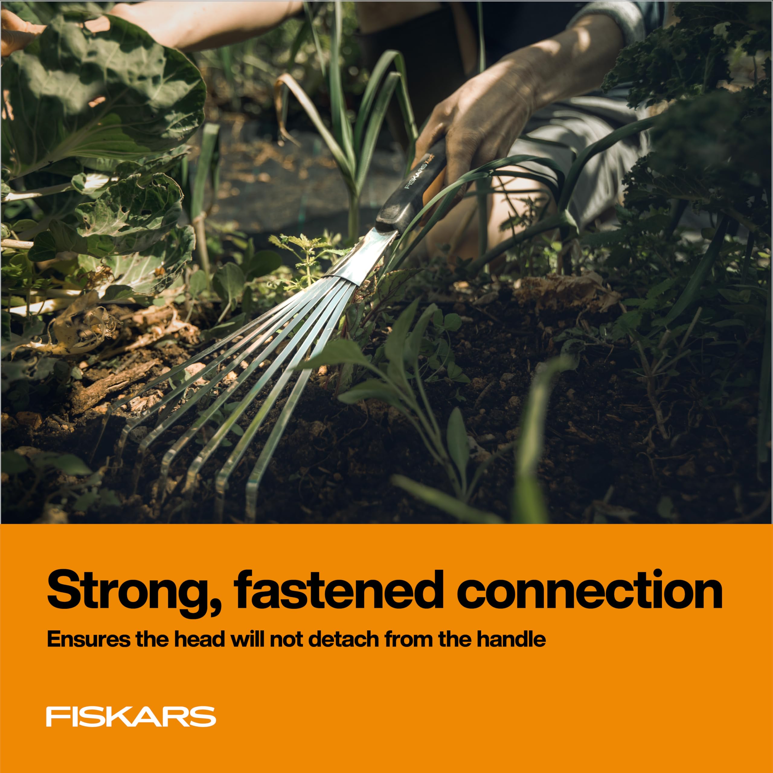Fiskars Xact Hand Rake stainless steel head resists rust in tough soil.