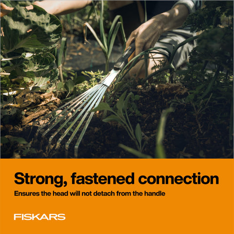 Fiskars Xact Hand Rake stainless steel head resists rust in tough soil.