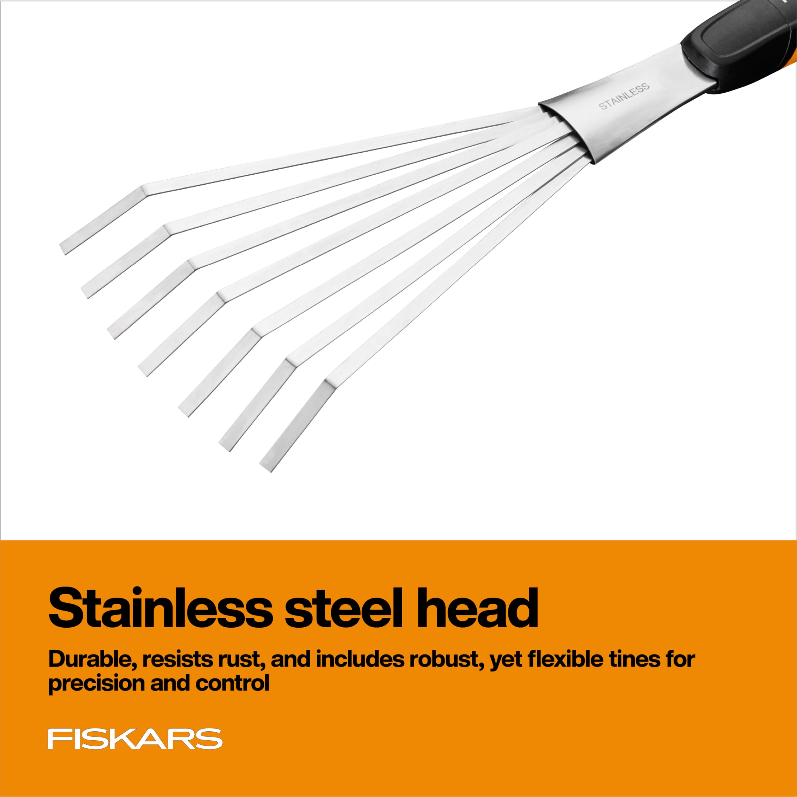 Fiskars Xact Hand Rake ideal for flower beds and planters in hard-to-reach areas.