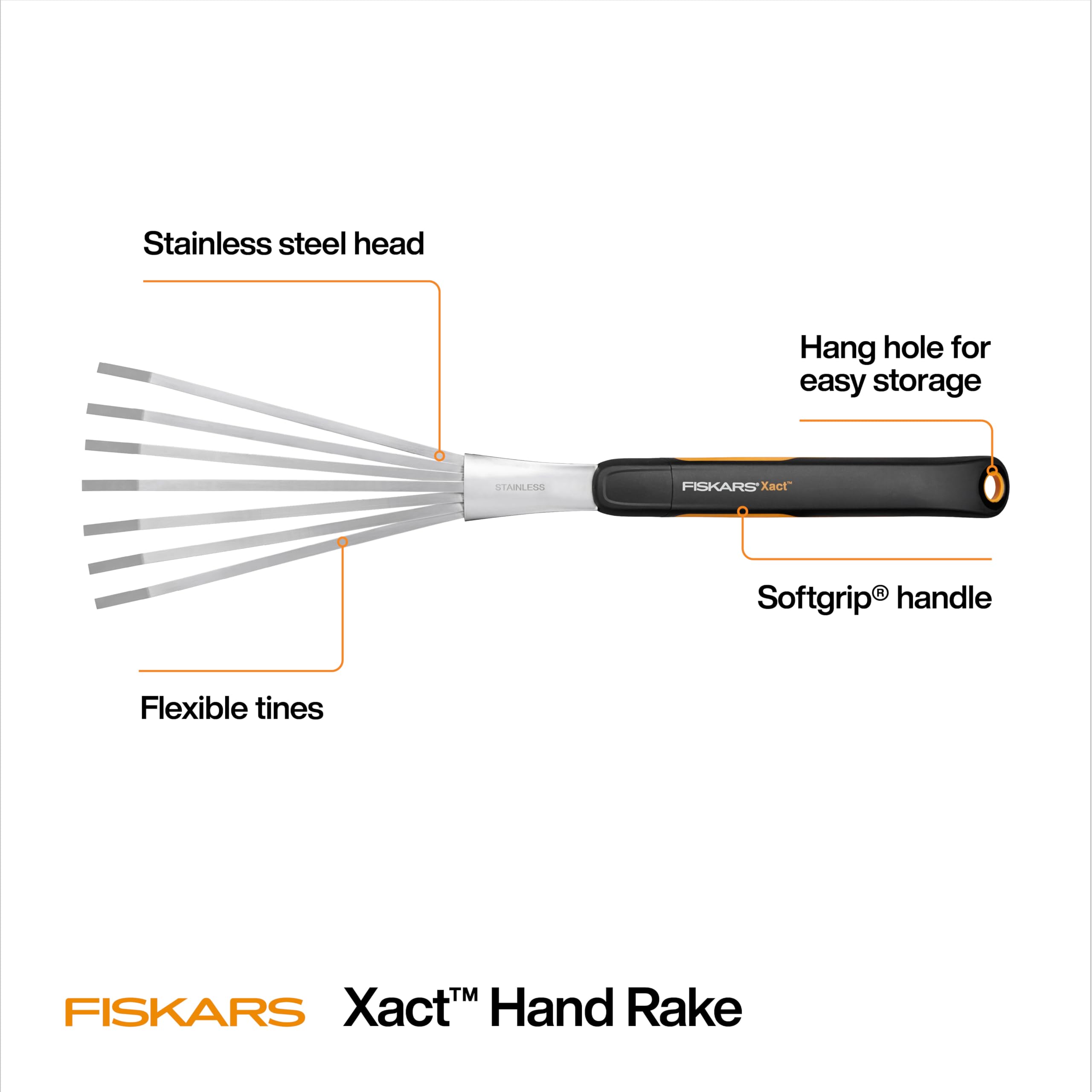 Fiskars Xact Hand Rake with weighted handle improves balance during use.