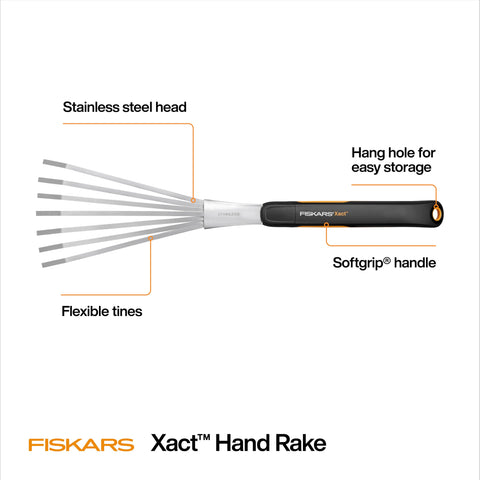 Fiskars Xact Hand Rake with weighted handle improves balance during use.