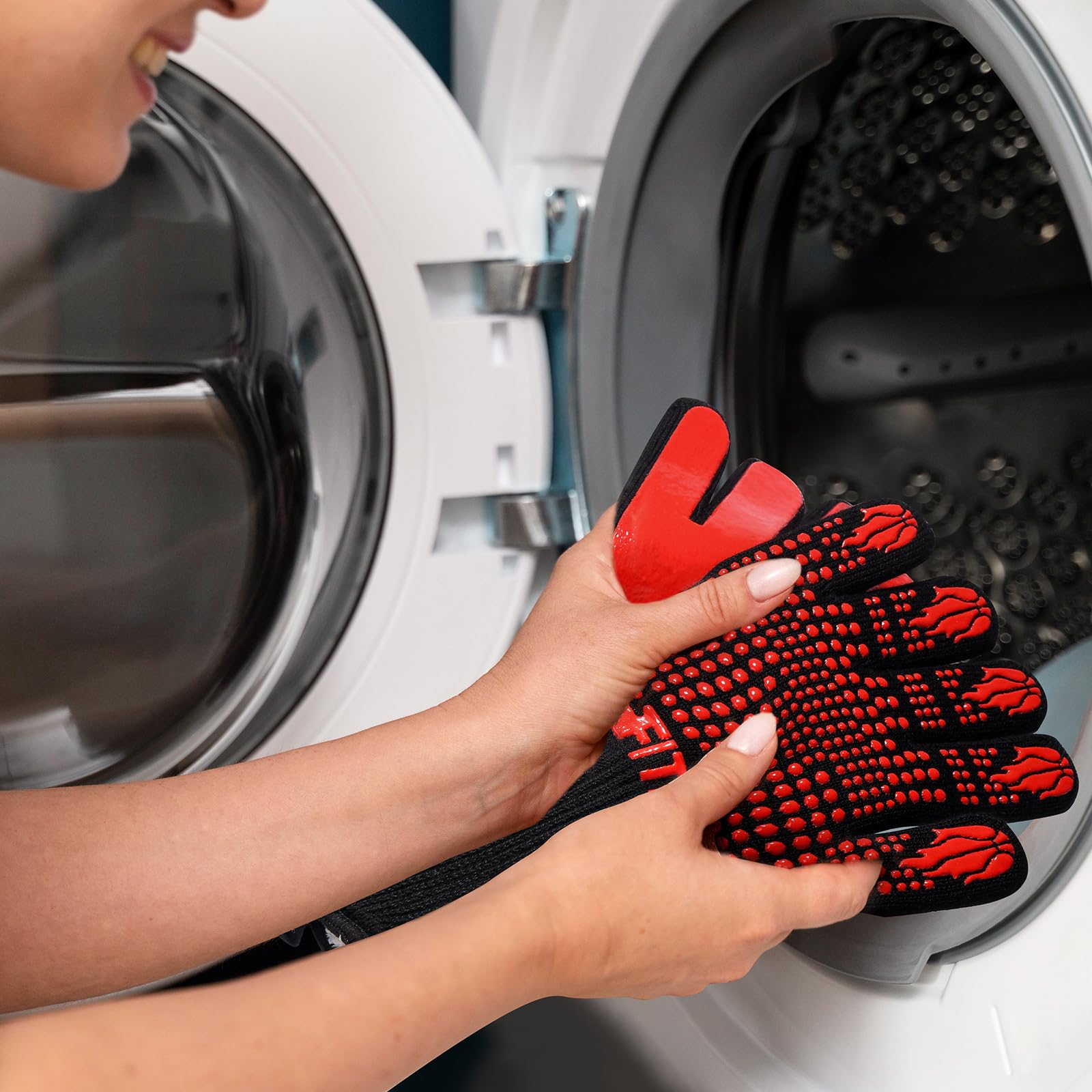 Red FITFIV gloves in a kitchen setting ready for cooking tasks