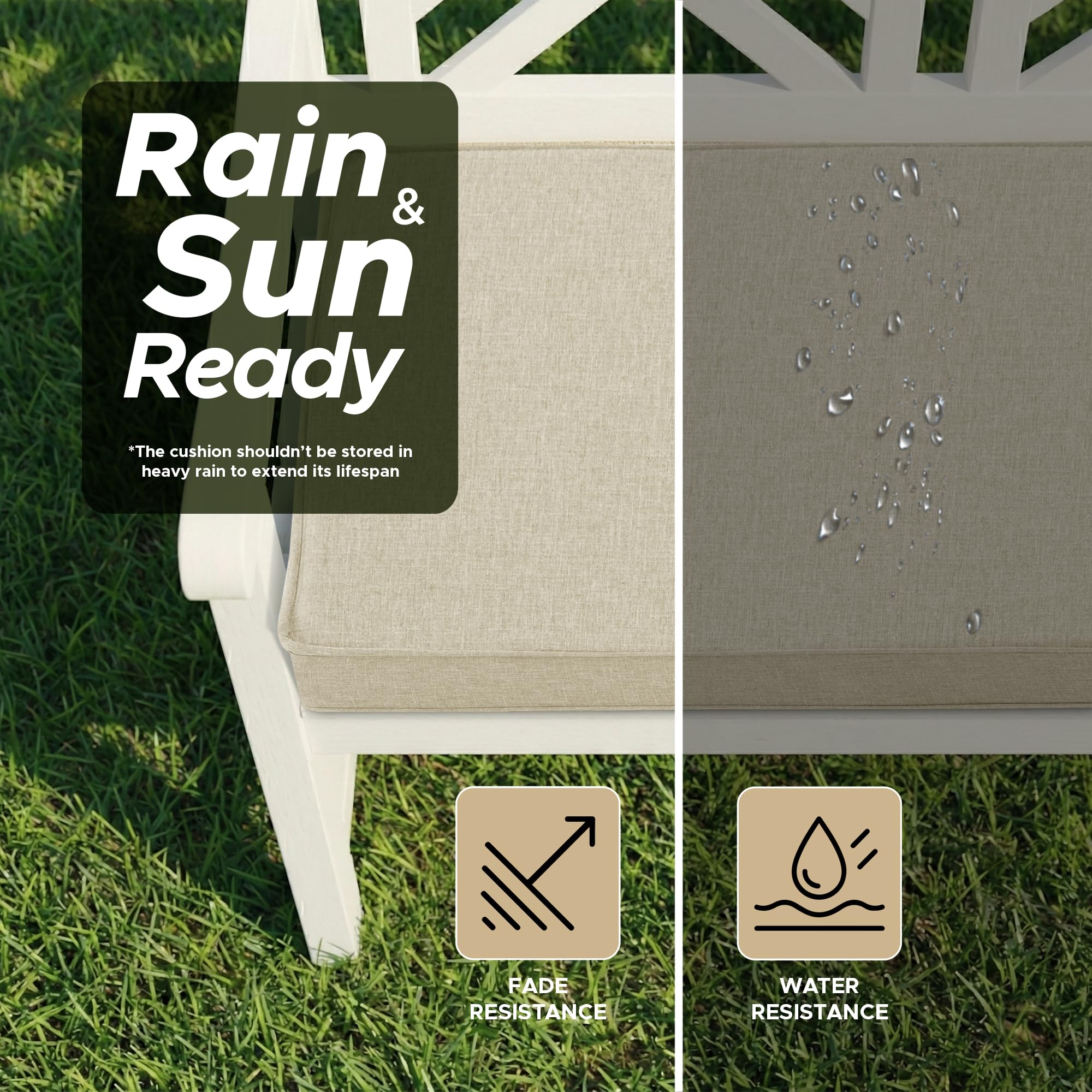 Fitfree outdoor bench cushion demonstrates foam construction and no-sag support after long lounging.