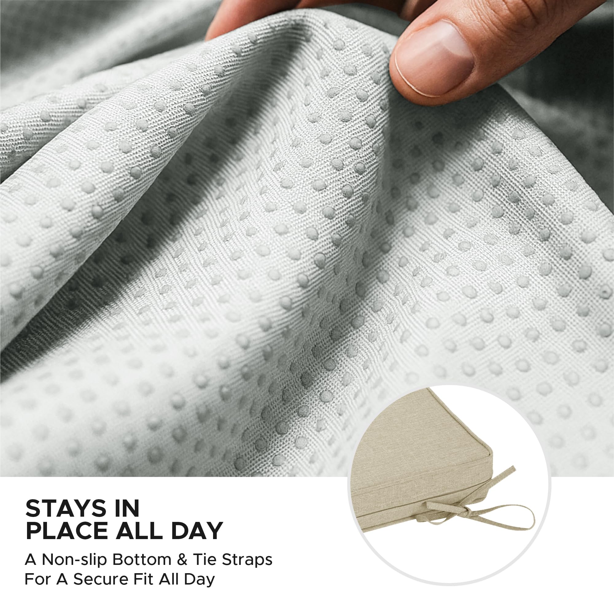 Fitfree cushion on wicker with ties stays secure despite breeze during outdoor seating.