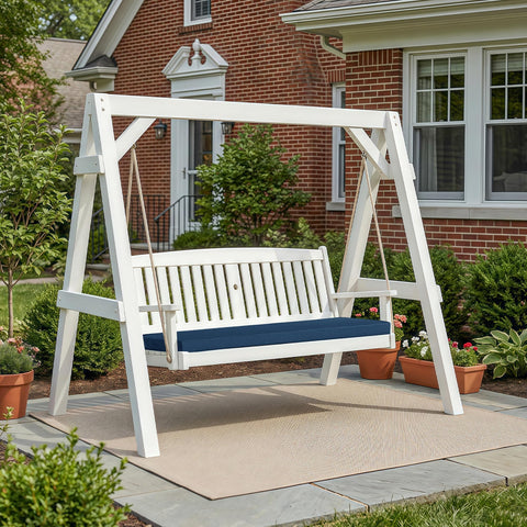 Fitfree fade-resistant navy cushion endured in bright sun for outdoor use.