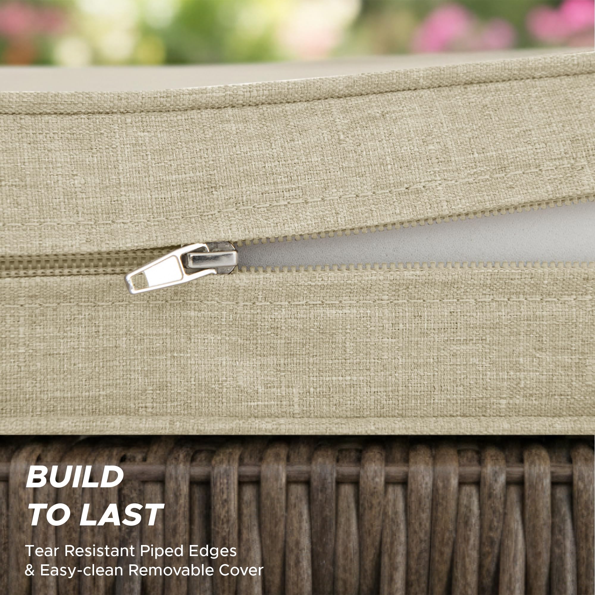 Fitfree universal-fit bench cushion on porch swing fits wicker iron and wood furniture.