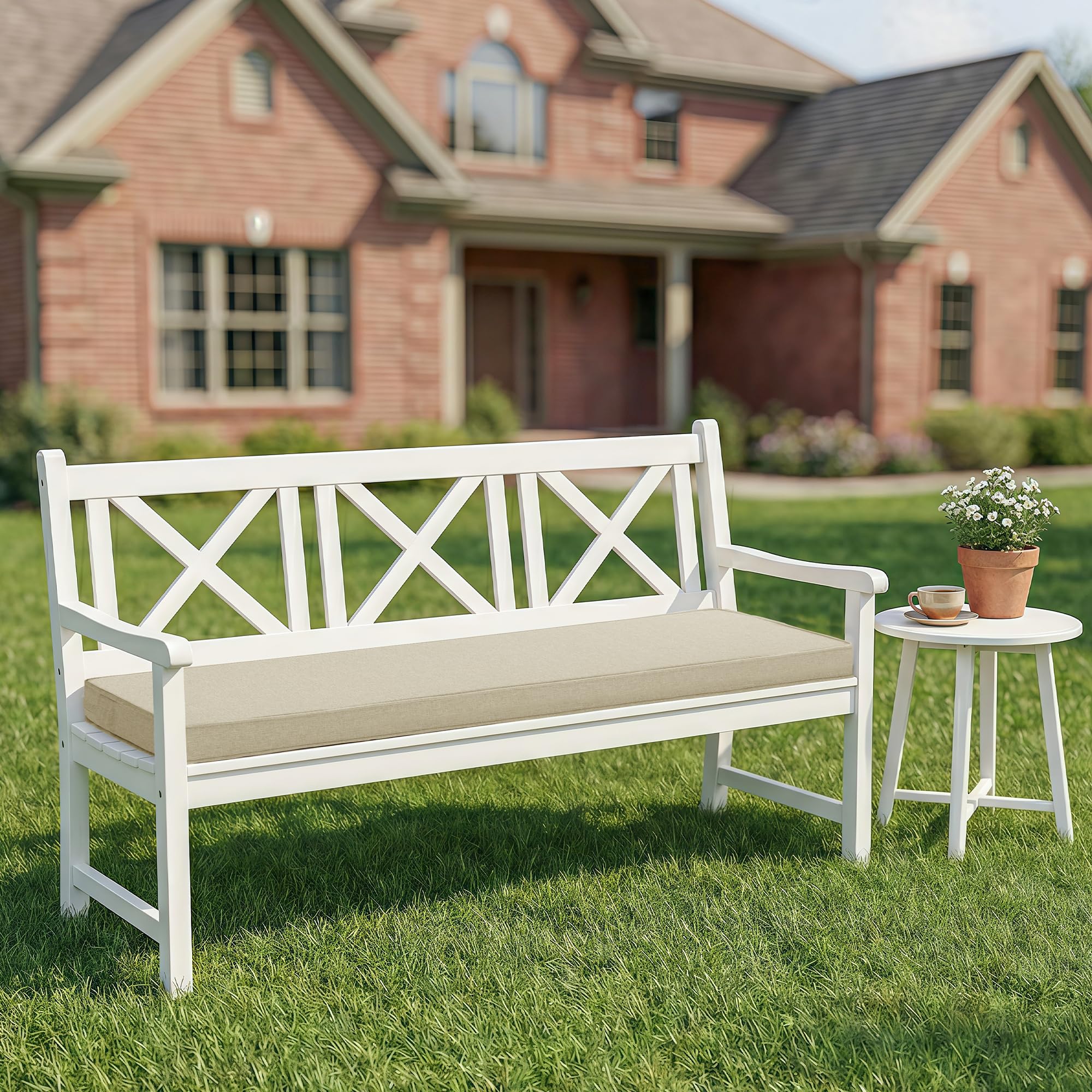 Fitfree bench cushion close-up shows water-resistant and fade-resistant fabric for sunny patios.