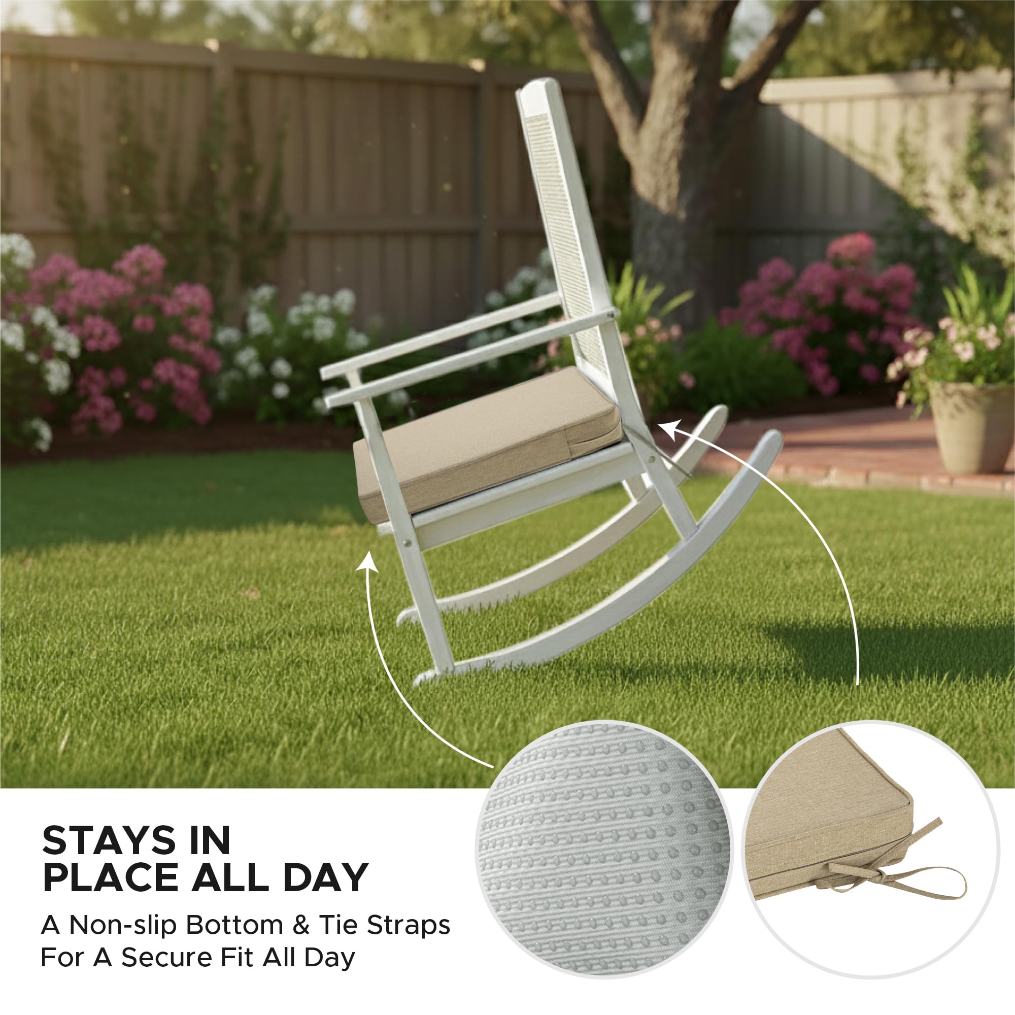 Natural 19x19 inch Fitfree cushions fit most patio chairs.