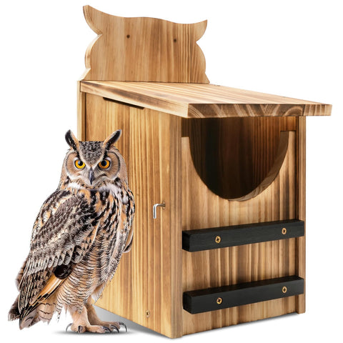 Fitraho cedar owl nesting box front view, natural shelter for small owls in your garden