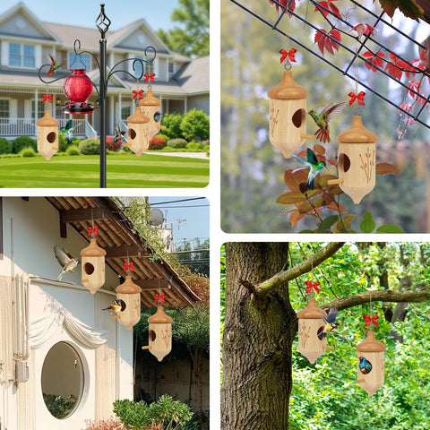 Fitraho hummingbird house featuring a bow to enhance garden charm.