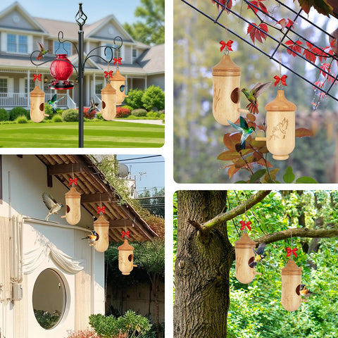 Fitraho hummingbird house natural wood close-up highlights grain and inviting design.