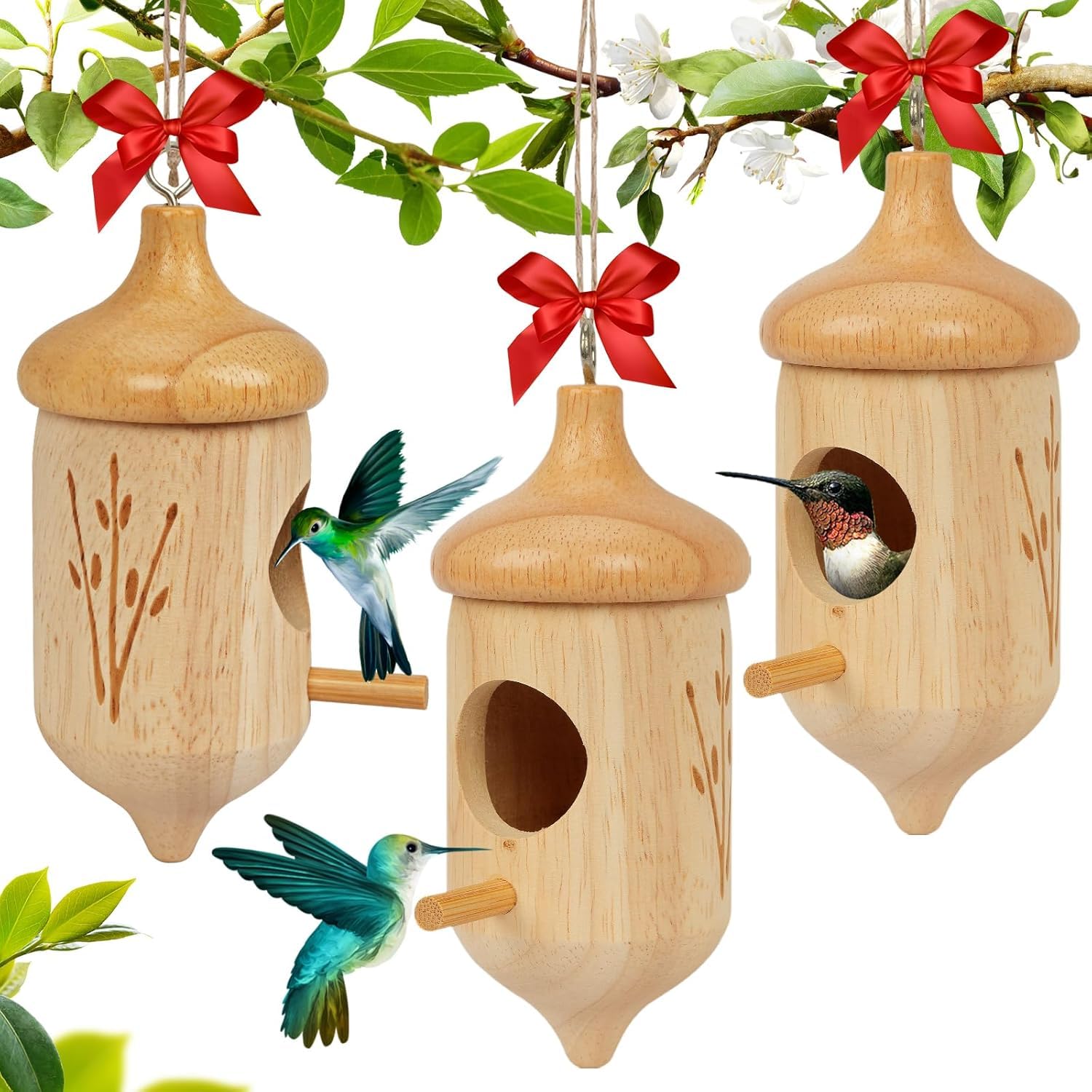 Fitraho hummingbird house outside in natural wood with a subtle, perching-friendly profile.