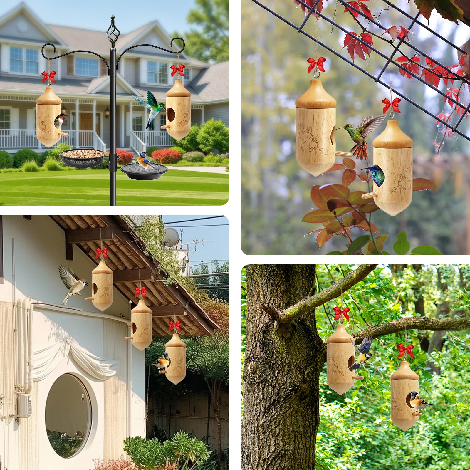 Fitraho hummingbird house red ribbon close-up, attract hummingbirds with bright color accents.
