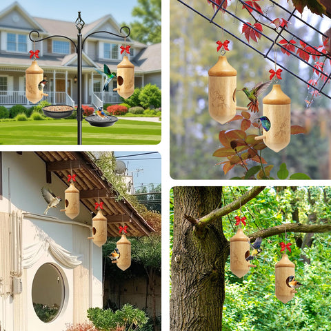 Fitraho hummingbird house red ribbon close-up, attract hummingbirds with bright color accents.