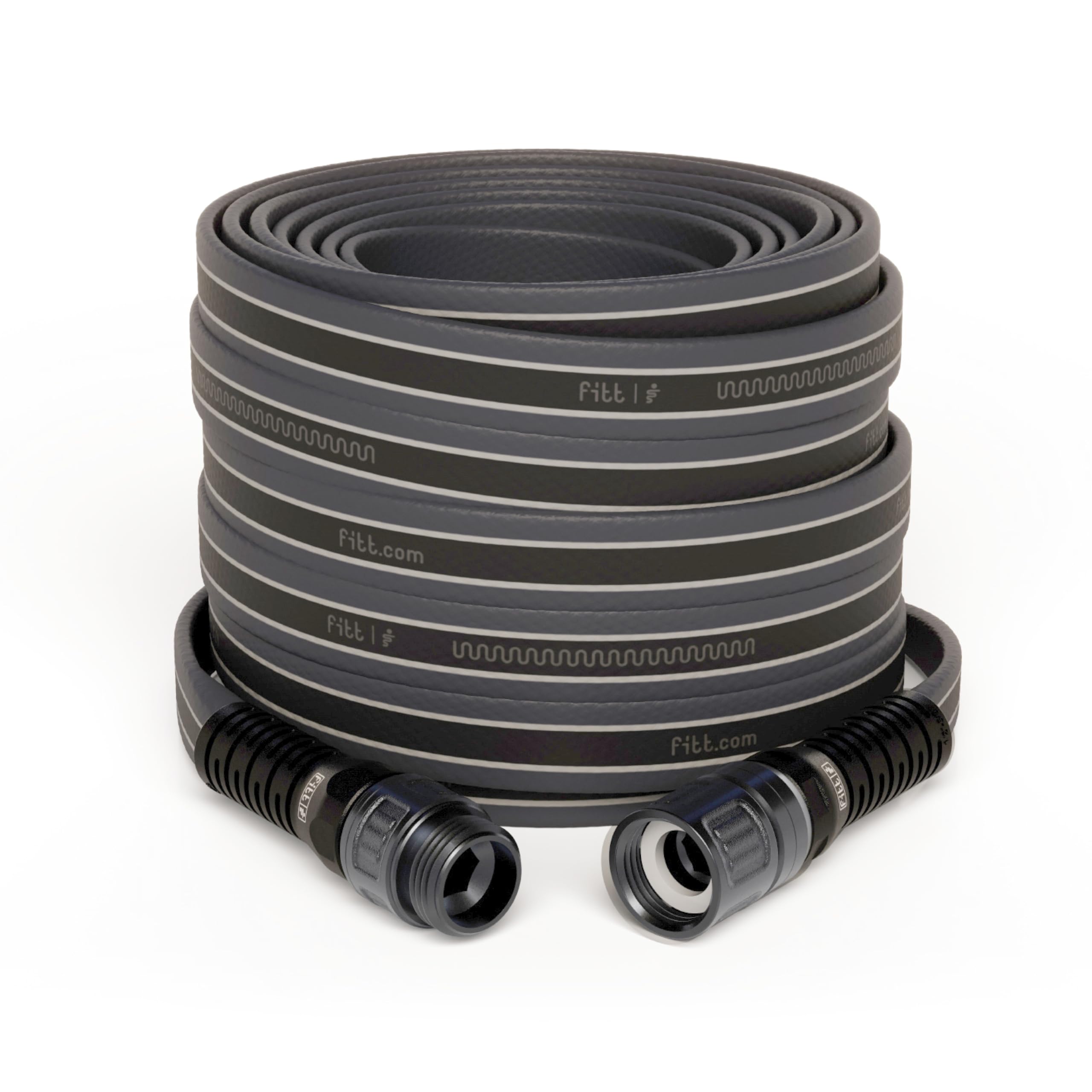 FITT Force Pro water hose coiled for compact storage and quick setup.