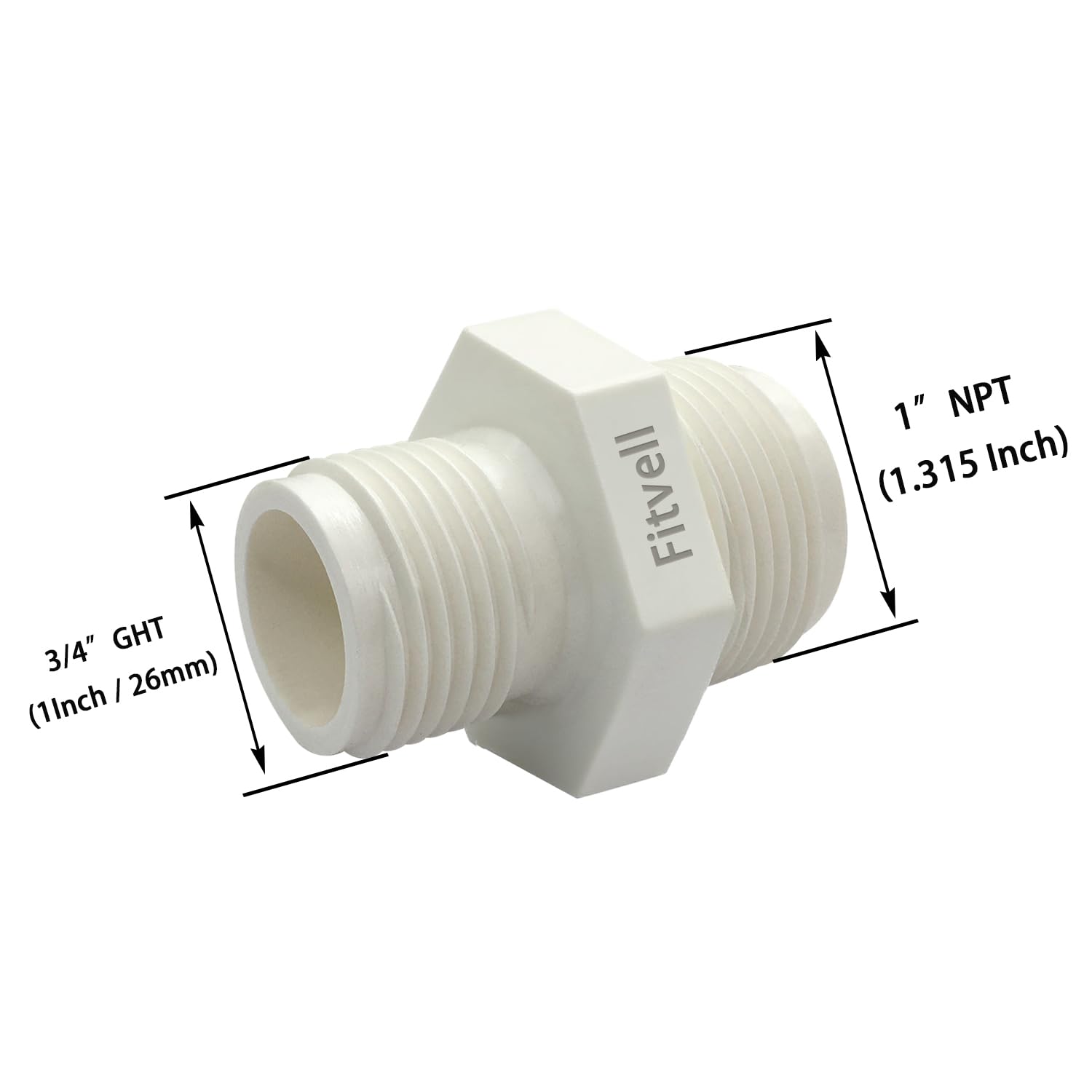 Fitvell PVC hose adapter shown in package, easy to install with precise threads