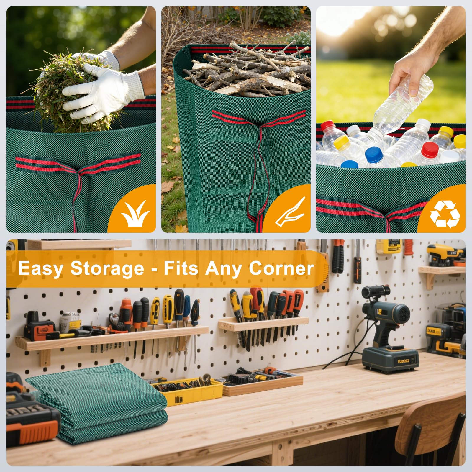 Fiudiry collapsible yard bag stored flat for compact garage space.