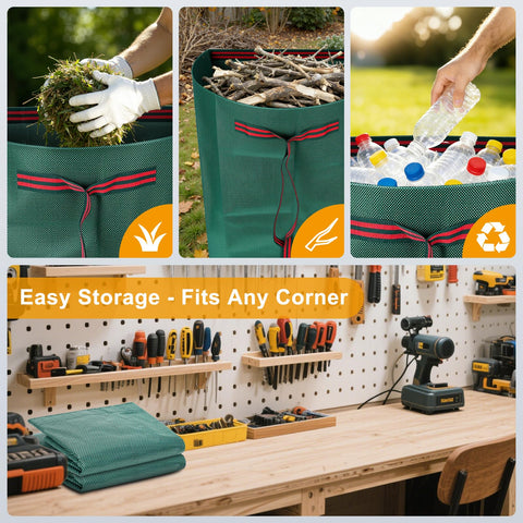Fiudiry collapsible yard bag stored flat for compact garage space.