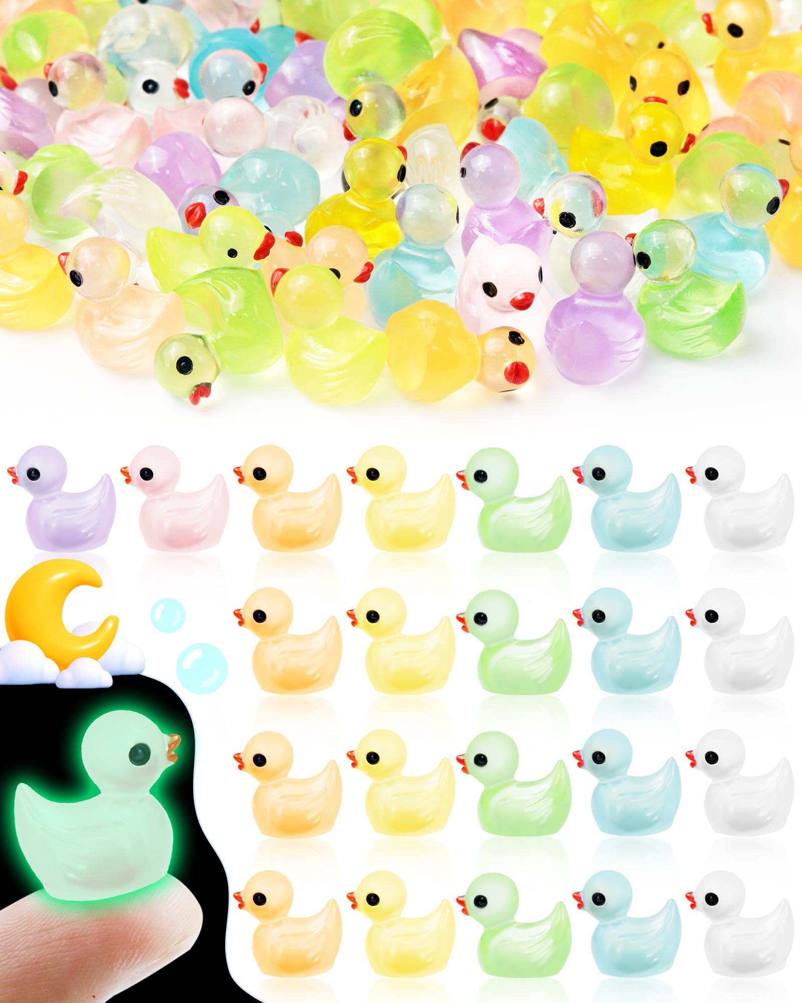 Fiveizero Glow Ducks bulk set showing luminous 100-piece pack for party favors and night displays.