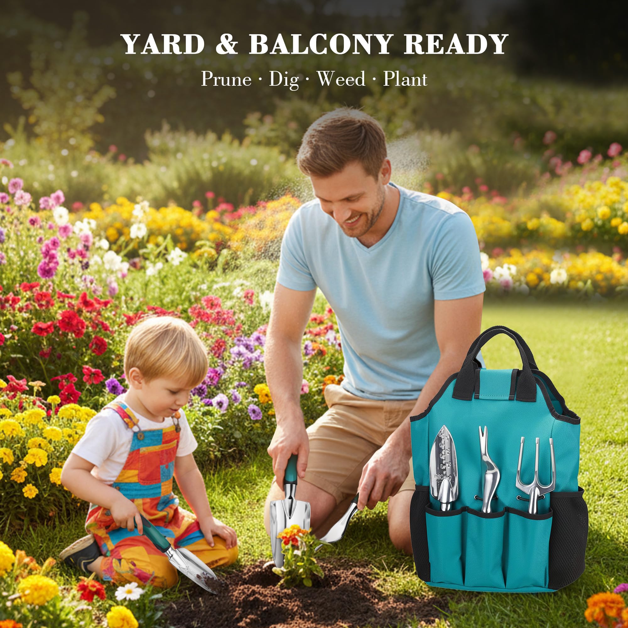 FiveJoy all-in-one garden tools arranged for pruning and planting.