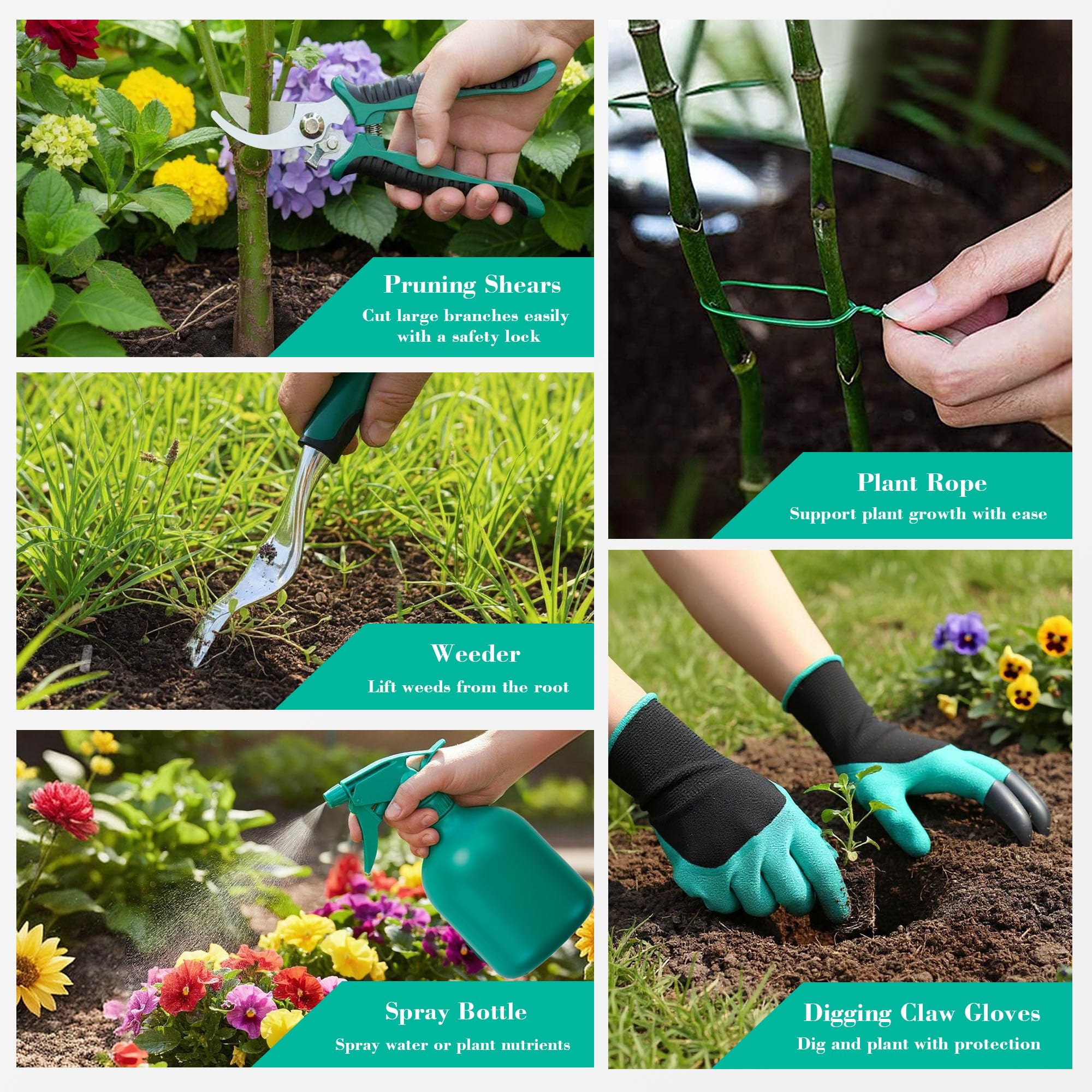 FiveJoy claw gloves included for planting and weeding tasks.