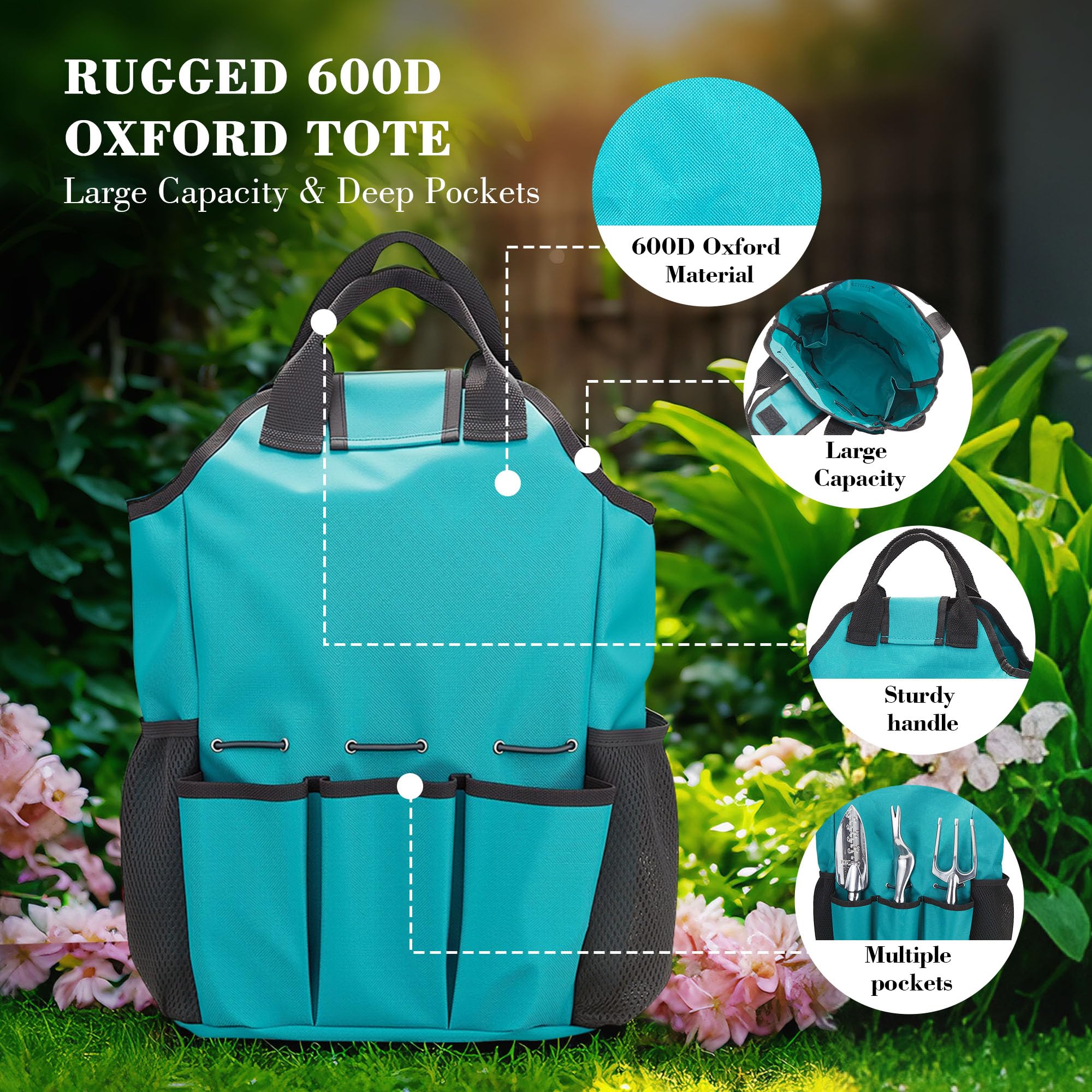 FiveJoy Oxford tote keeps tools organized on-site for quick access.