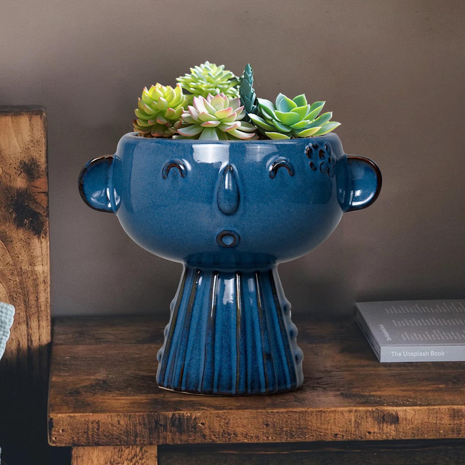 Fivepot blue face planter on desk enhances living room decor.