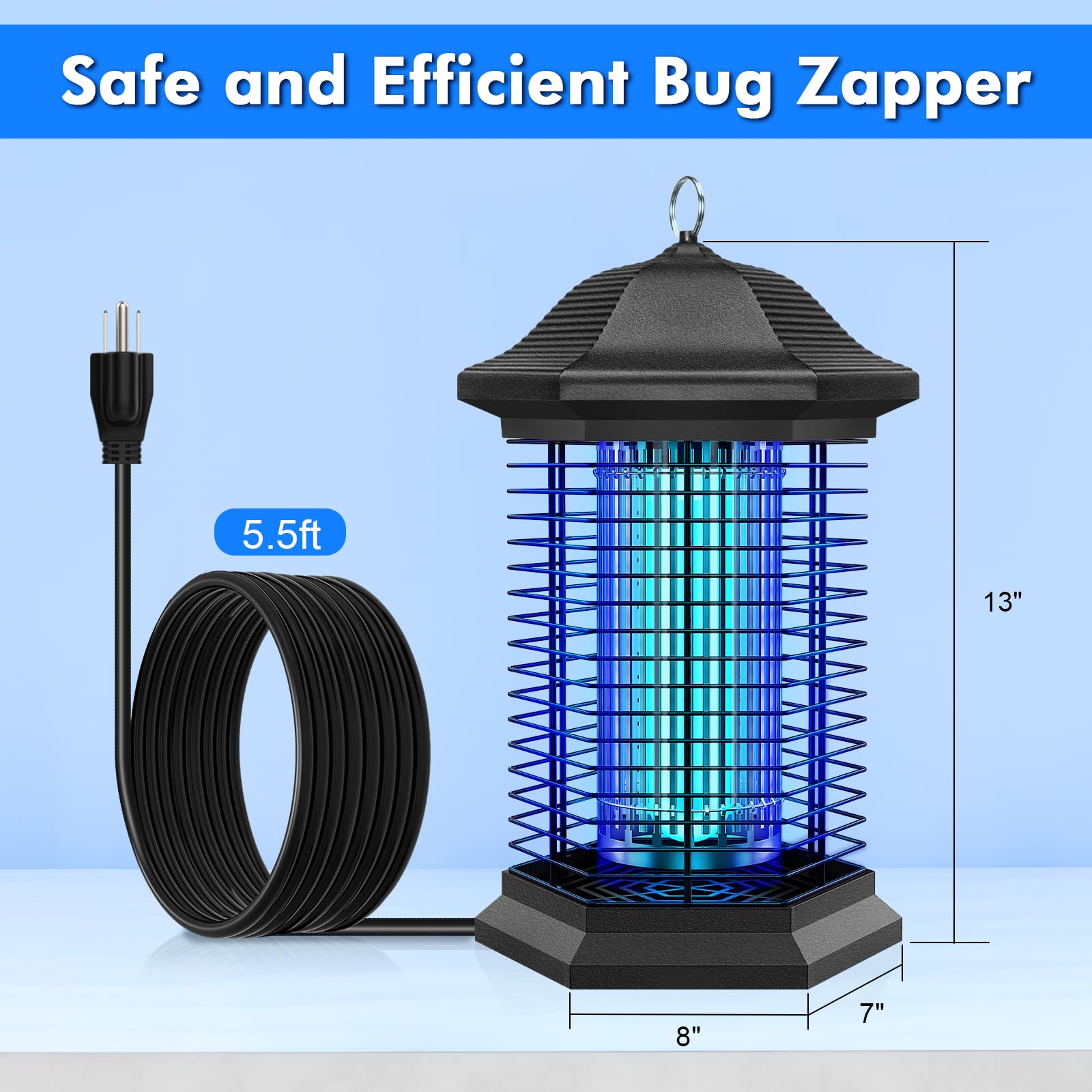 Fiveye Bug Zapper with 5 ft cord and 3-prong plug for easy setup.