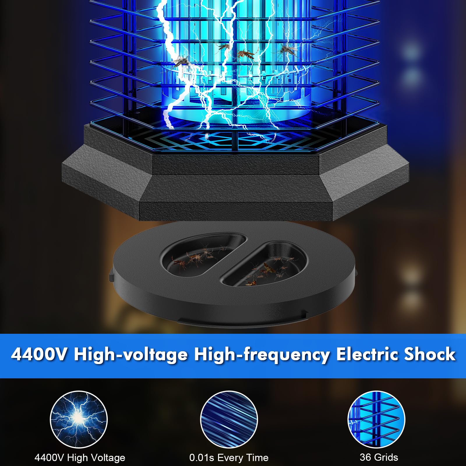 Fiveye UV lamp detail highlighting 330nm-420nm spectrum for insect attraction.