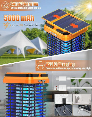 Fiveye Solar Bug Zapper shows 5000mAh battery for long-lasting patio protection.