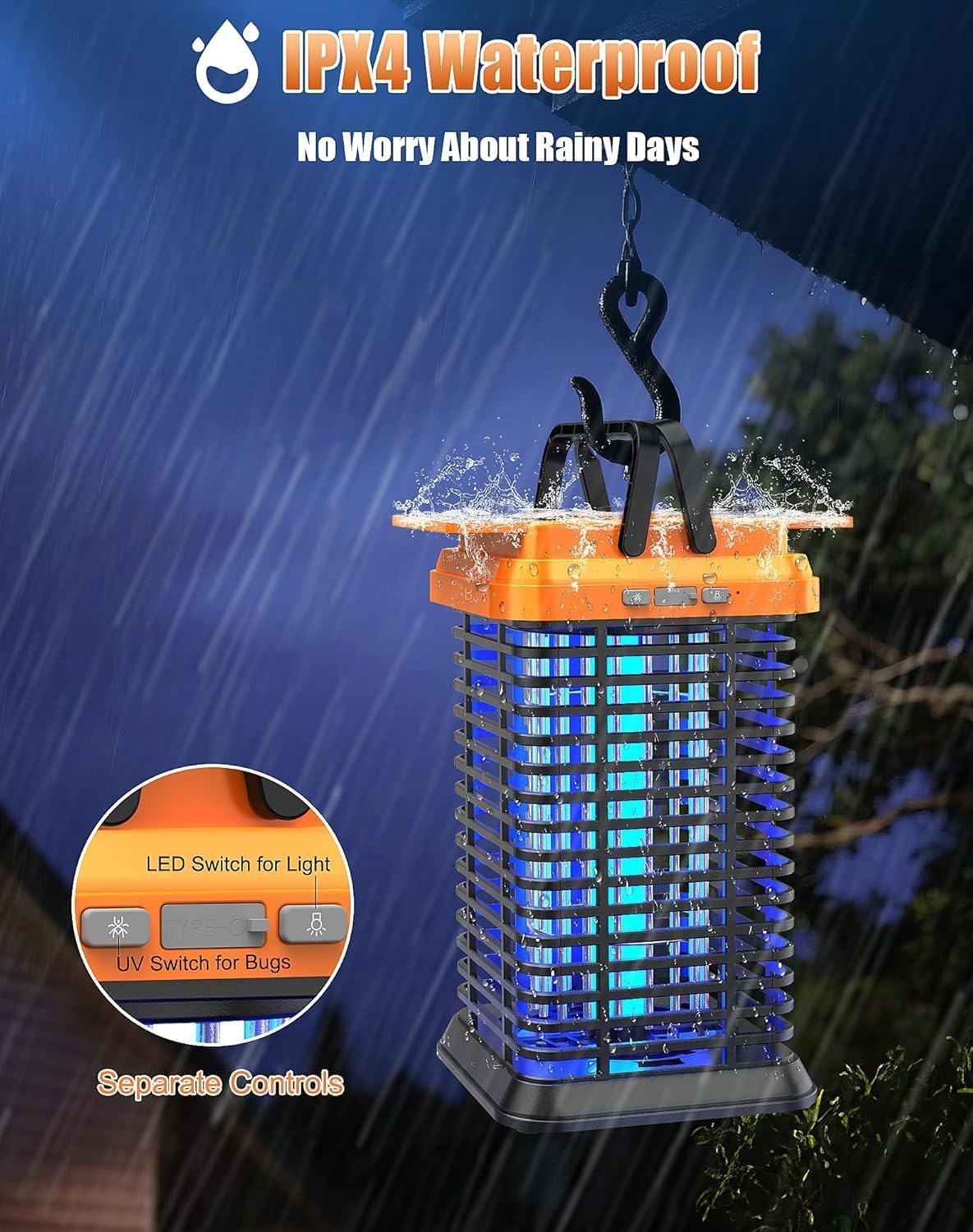 Fiveye Solar Bug Zapper IPX4 weatherproof for rain or shine outdoors.