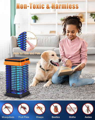 Fiveye Solar Bug Zapper UV light and electric grid attract pests over a half-acre.