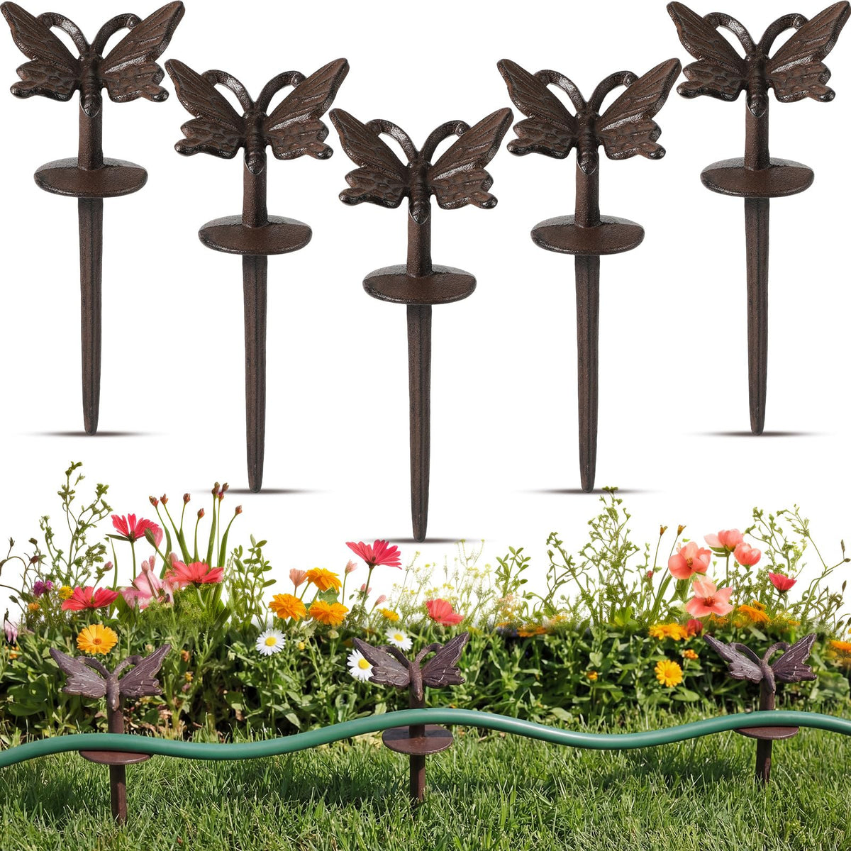 Fiwochic butterfly hose guide stake in rusty finish protecting plants while guiding the hose.