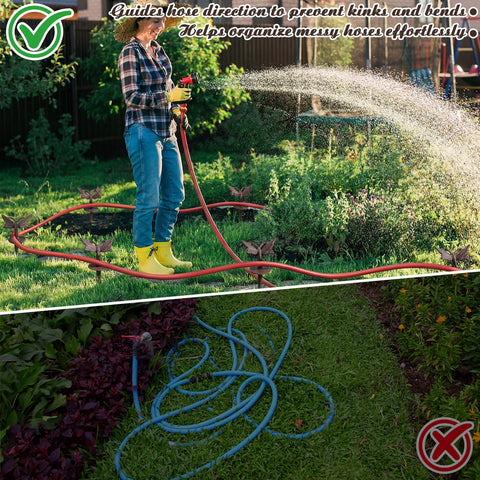 Fiwochic garden accessory keeps hoses organized in patios, lawns, and flower beds.