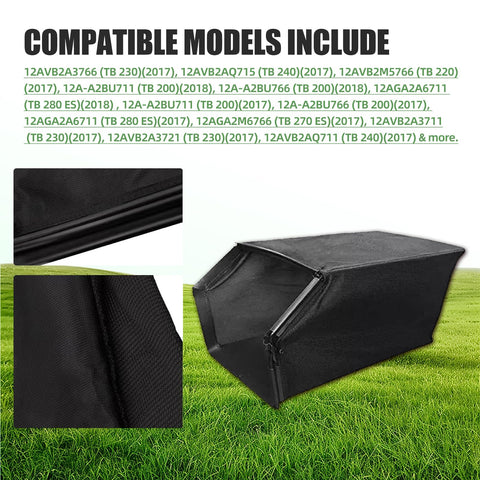 Lawn mower bag replacement, compatible with multiple Troy-Bilt models, simple bag-only solution.